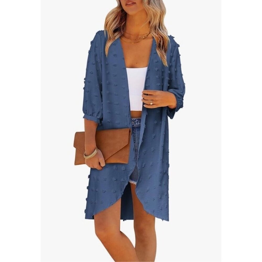 Women’s navy blue Swiss Dot Open Front cardigan chiffon cover up 3/4 sleeve, M